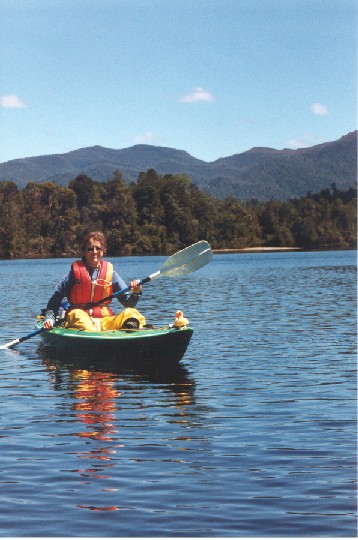 Susanne on the Lower Gordon River with her sit-upon 'Cucumber', Dec 1997
